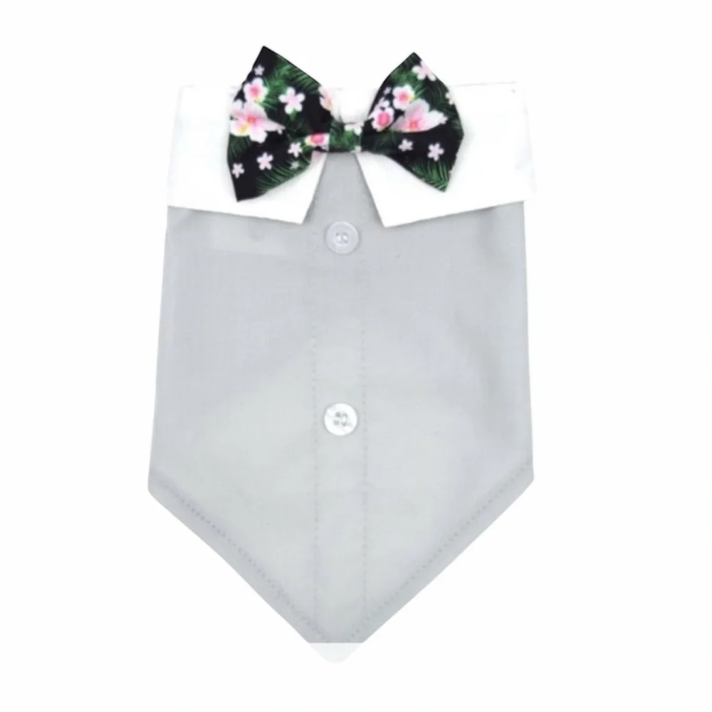 Gray Dog Bandana with Floral Bow Tie